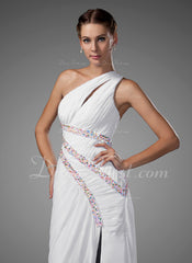 A-Line/Princess One-Shoulder Sweep Train Chiffon Prom Dress With Ruffle Beading (018005081)