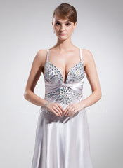 A-Line/Princess Sweetheart Sweep Train Charmeuse Prom Dress With Ruffle Beading (018002497)