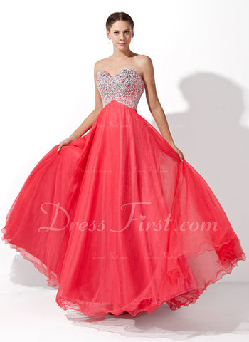 A-Line/Princess Sweetheart Floor-Length Tulle Charmeuse Prom Dress With Beading (018004812)