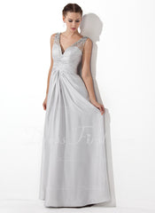 A-Line/Princess V-neck Floor-Length Tulle Charmeuse Prom Dress With Ruffle Beading (018004815)