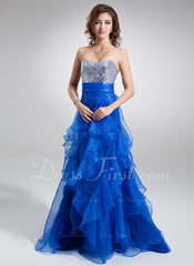 A-Line/Princess Sweetheart Sweep Train Organza Sequined Prom Dress With Ruffle (018004862)