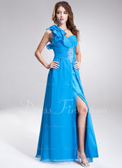 A-Line/Princess One-Shoulder Floor-Length Chiffon Prom Dress With Ruffle Beading (018004809)