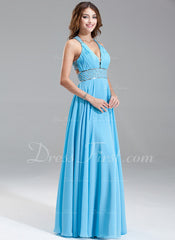 A-Line/Princess V-neck Floor-Length Chiffon Prom Dress With Ruffle Beading Sequins (018004867)