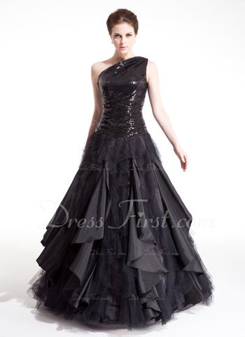 A-Line/Princess One-Shoulder Floor-Length Taffeta Tulle Sequined Prom Dress With Ruffle (018004860)