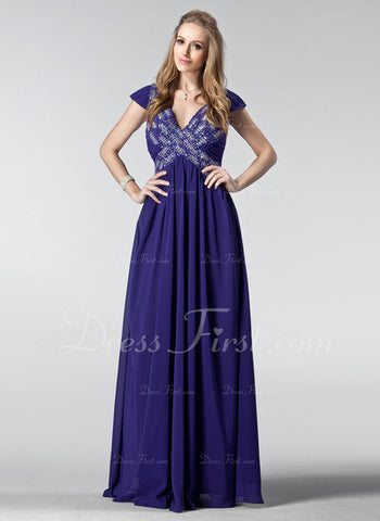 A-Line/Princess V-neck Floor-Length Chiffon Prom Dress With Ruffle Beading Sequins (018004839)