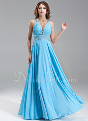 A-Line/Princess V-neck Floor-Length Chiffon Prom Dress With Ruffle Beading Sequins (018004867)