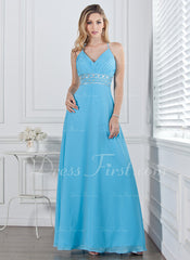 A-Line/Princess V-neck Floor-Length Chiffon Prom Dress With Ruffle Beading (018002658)