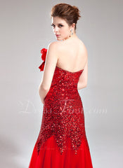 Trumpet/Mermaid Sweetheart Floor-Length Tulle Sequined Prom Dress With Flower(s) (018005082)