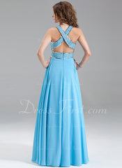 A-Line/Princess V-neck Floor-Length Chiffon Prom Dress With Ruffle Beading Sequins (018004867)