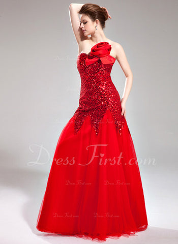 Trumpet/Mermaid Sweetheart Floor-Length Tulle Sequined Prom Dress With Flower(s) (018005082)