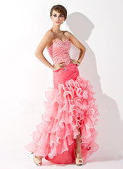 Trumpet/Mermaid Sweetheart Asymmetrical Organza Satin Prom Dress With Ruffle Beading Sequins (018005075)