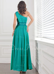 A-Line/Princess One-Shoulder Ankle-Length Chiffon Charmeuse Prom Dress With Ruffle Beading (018004855)