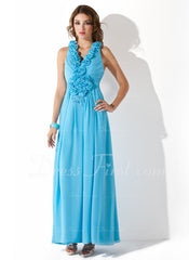 A-Line/Princess V-neck Ankle-Length Chiffon Prom Dress With Ruffle Beading Appliques Flower(s) Sequins (018004831)